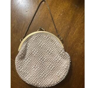 Vintage Pearl White Beaded Oval Evening Purse, Gold Tone Chain, Hong Kong 6 X 7”